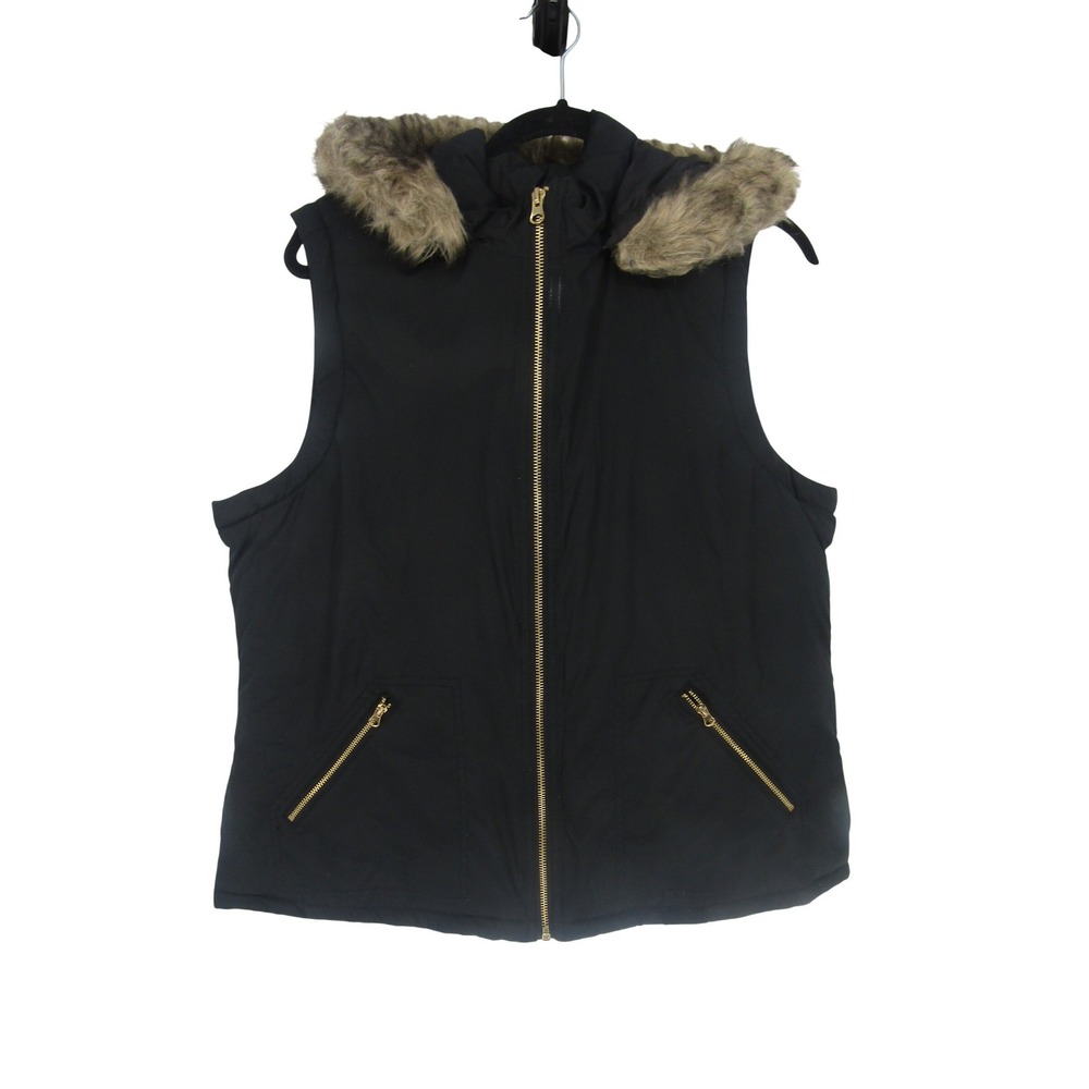 Gap Puffer Vest Womens Large Black Faux Fur Hood Zip Up‎ Sleeveless Jacket Layer
